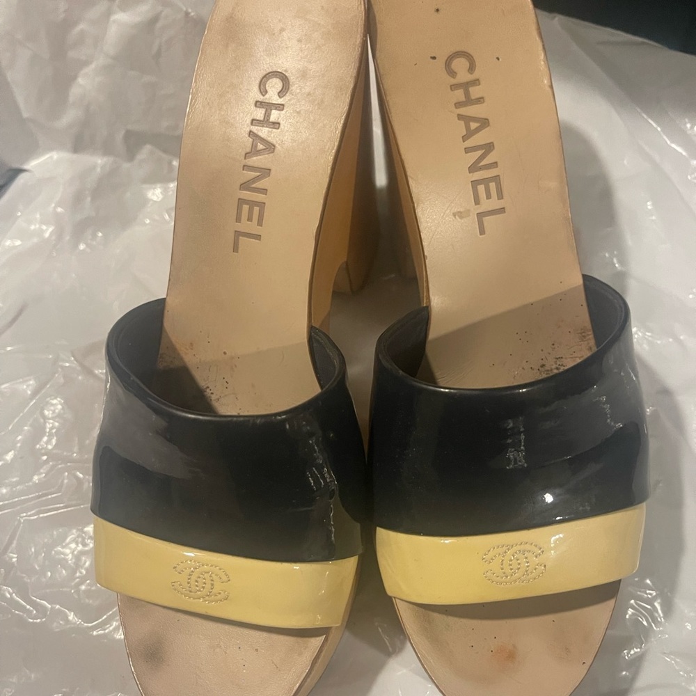 Chanel Wood Platform Sandals Heels Shoes Logo 37/7